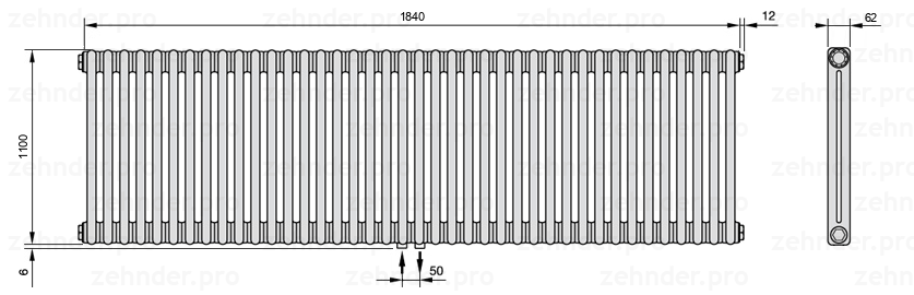 Схема (чертеж) Радиатор Zehnder Charleston 2110/40 №3470 Белый глянцевый RAL 9016